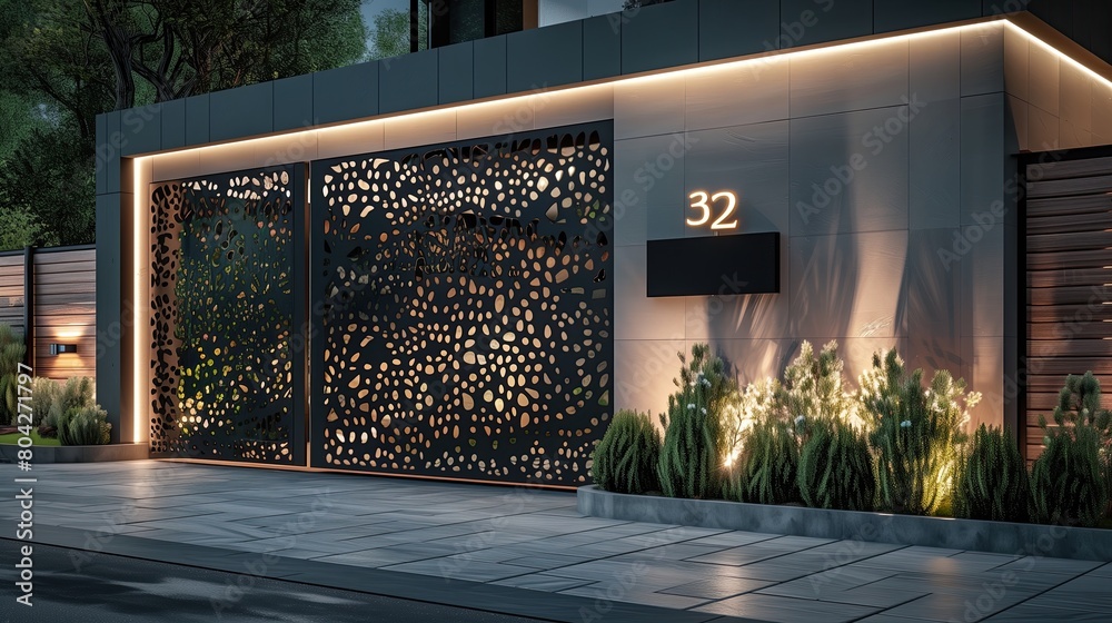 Foto de Modern entrance with a laser-cut metal gate and a backlit ...