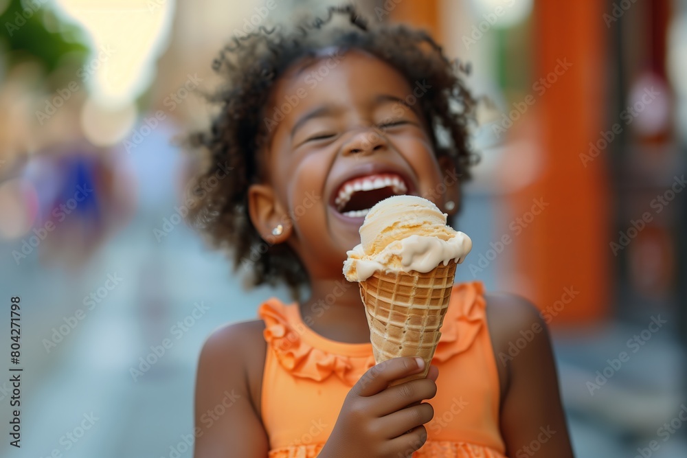 Sweet Delight: Portrait of a Beautiful Smiling Little Black Girl Enjoying Ice Cream Sweet Delight: Portrait of a Beautiful Smiling Little Black Girl Enjoying Ice Cream