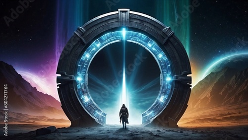 Silhouette of a man entering to the Star gate portal surrounded by energy of different colours, sci fi fantasy art horizontal background