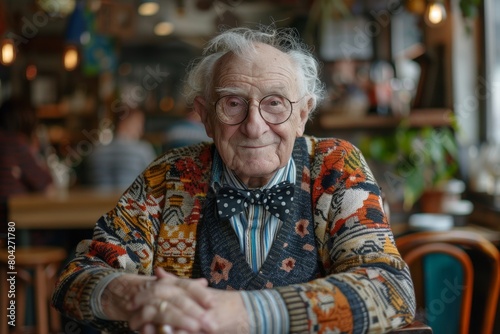 Elderly Gentleman in Patterned Sweater and Bow Tie Smiling in Cafe.
