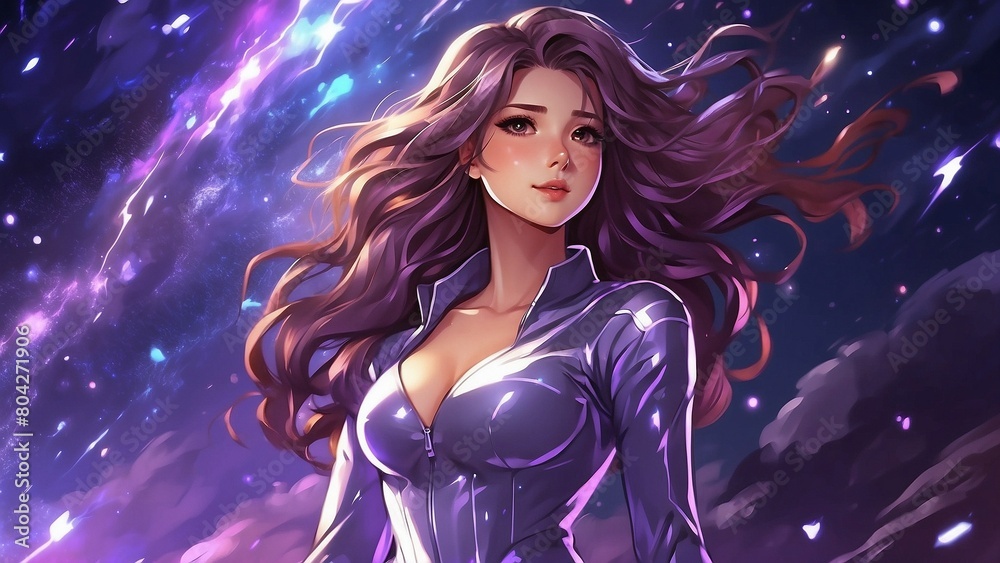 Anime illustration of Beautiful Superwoman - cosmic superpowers, long purple hair, purple suit Anime illustration of Beautiful Superwoman - cosmic superpowers, long purple hair, purple suit