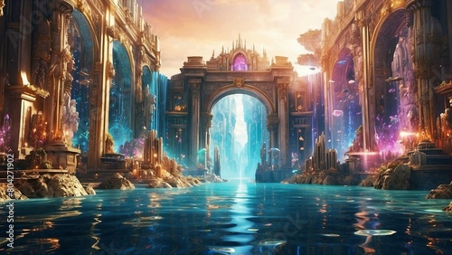 Amazing underwater hidden city Atlantis with portals and columns, gods realm, fantasy background