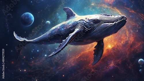 Fantasy art of anime whale  flying in deep cosmic universe