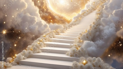 White staircase into heaven  angelical realm  merging with golden light and stars  representing the journey to unknown realms of thought