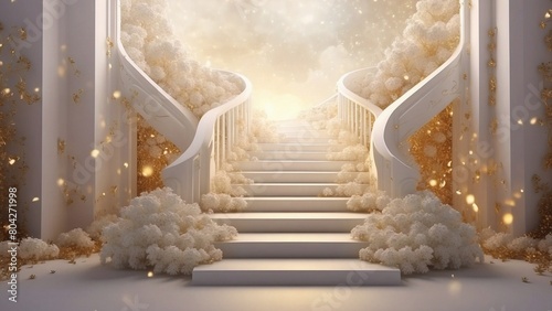 White staircase into heaven, angelical realm, merging with golden light and stars, representing the journey to unknown realms of thought