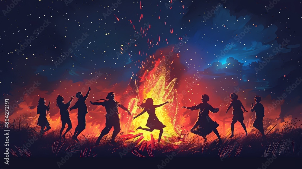 Cartoon illustration of people silhouettes dancing at night around bonfire Cartoon illustration of people silhouettes dancing at night around bonfire