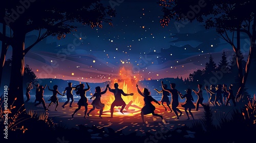 Cartoon illustration design of many people dancing together around a fire at night