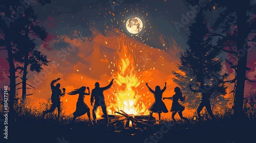 Cartoon illustration of people silhouettes dancing at night around bonfire