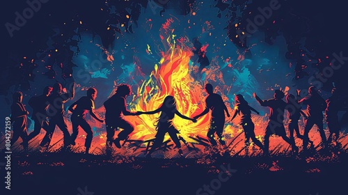 Cartoon illustration design of many people dancing together around a fire at night