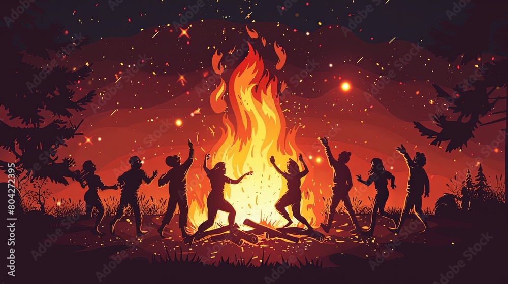 Flat illustration of many people dancing together around bonfire at night