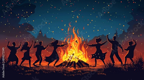 Cartoon illustration of people silhouettes dancing at party around fire at night