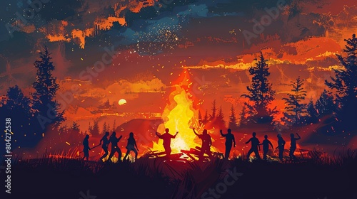 Flat illustration of people silhouettes dancing at night at party around fire