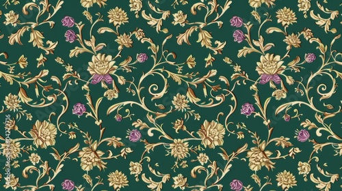 Elegant Vintage Floral Pattern on Dark Green Background