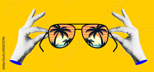 Collage hands holding  sunglasses with a beach view. Concept design for banners. posters. travel agency Vector illustration EPS 10