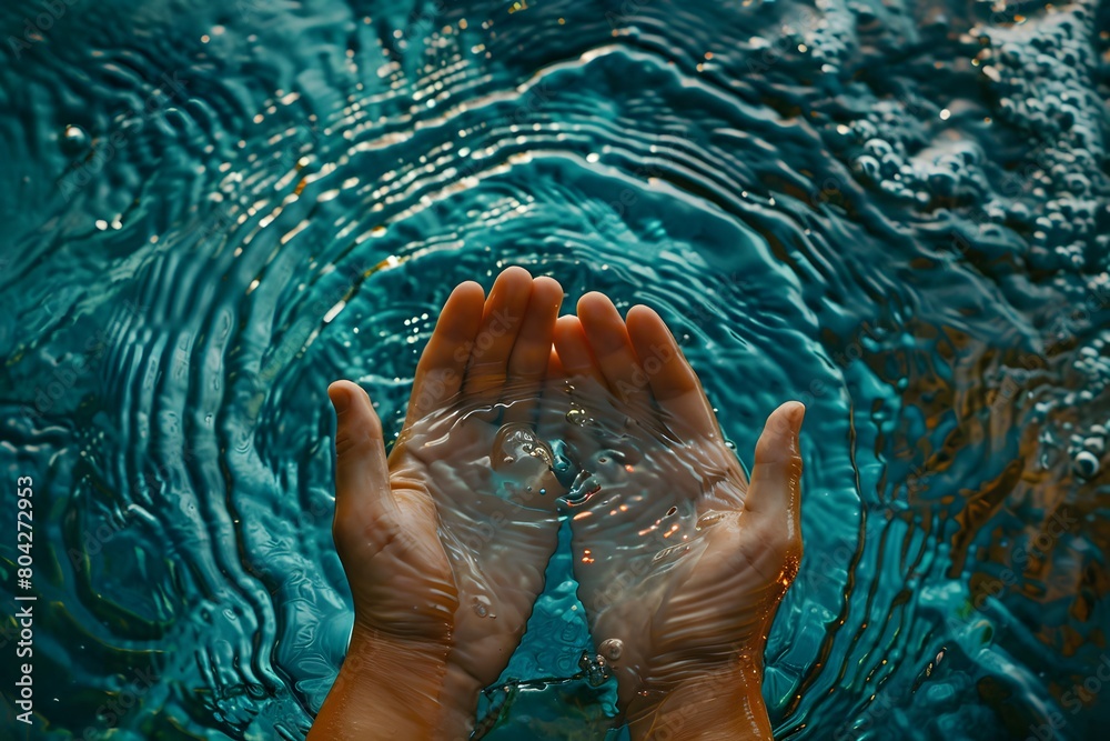 Fototapeta premium Hands in crystal clear water with drops, nature water concept.