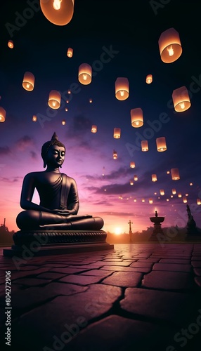 Illustration for vesak day with the serene scene of buddha statue and floating sky lanterns.