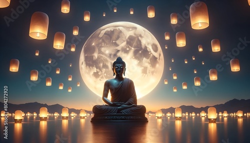Vesak day, buddha purnima background with a serene buddha statue under a large, luminous full moon photo