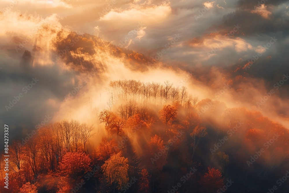 Aerial view of mountain forest in low clouds at sunrise in autumn. Hills with red and orange trees in fog in fall. Beautiful landscape with mountain, foggy forest, sunbeams. generative ai.