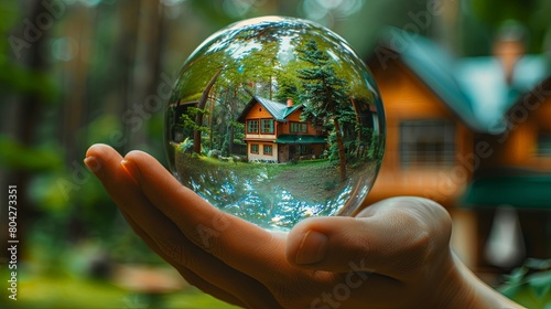 Dream house inside galls crystal ball held in palm on green summer forest backgorund. photo