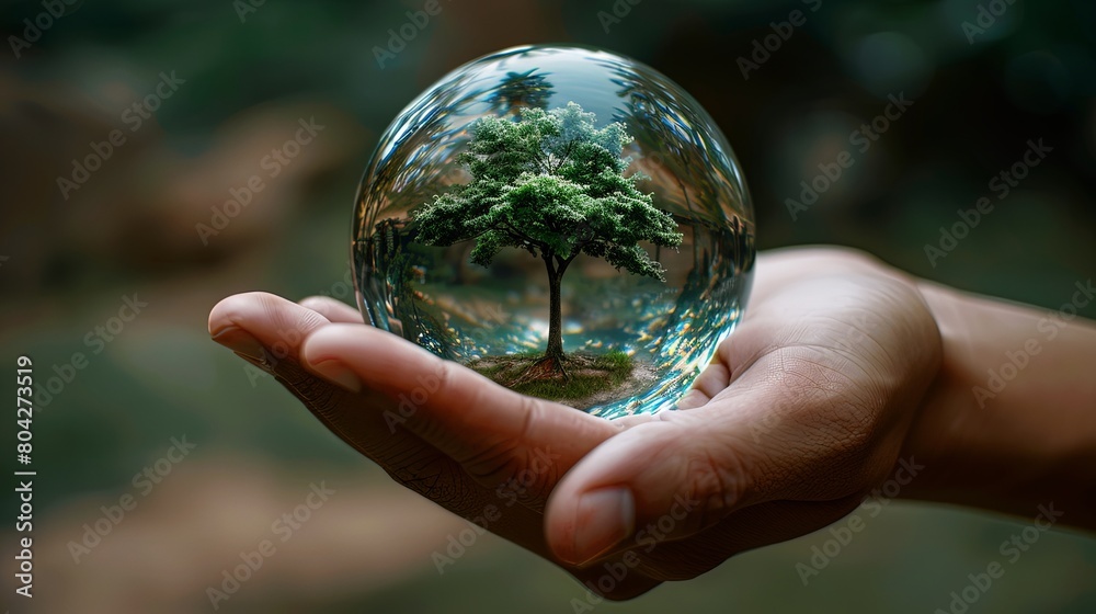 Green tree growing in crystal ball planet on fresh bright background in hand.