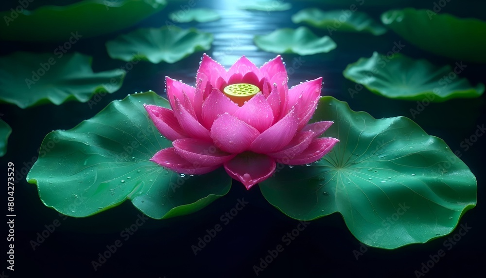Illustration of tranquil scene with pink lotus flower in calm water.