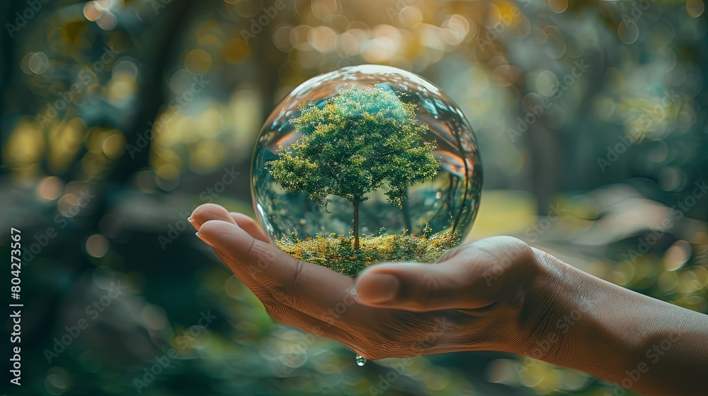 Glass globe with tree inside growing in human hand on sunny green background. Glass globe with tree inside growing in human hand on sunny green background.