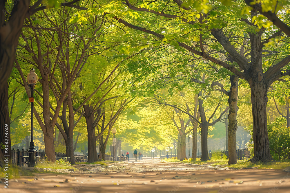 Urban Springtime: Lush Trees in City Park with People Urban Springtime: Lush Trees in City Park with People