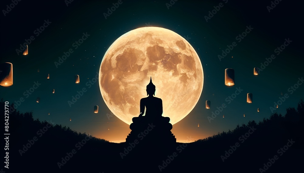 Illustration for vesak day with a silhouette of buddha against full moon background.