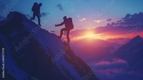 Help and assistance concept. Silhouettes of two people climbing on mountain and helping each other get to the top,elping Each Other, Support and Collaboration, Mountain Climbers Achieving Goals,