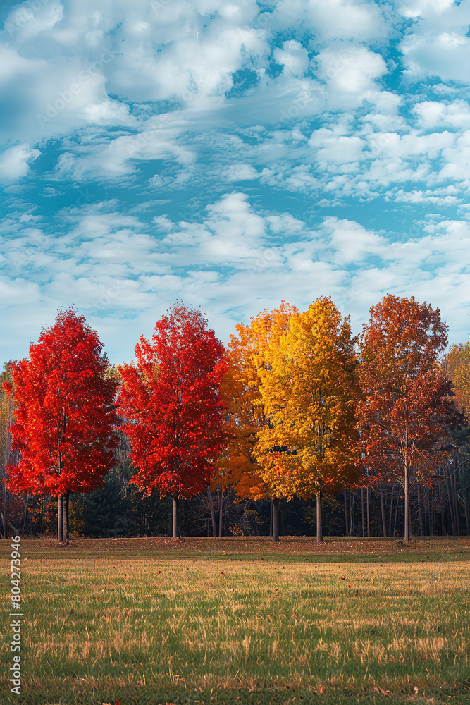 Vibrant Autumn Trees in A Row Against Clear Blue Sky