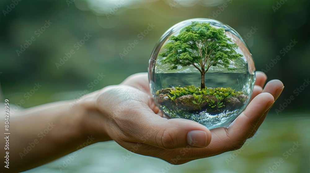 Natural growth concept with tree ecosystem growing inside glass globe held in humna hand p