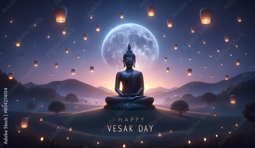 Vesak day background with scene of a serene meditative buddha statue at full moon night. Vesak day background with scene of a serene meditative buddha statue at full moon night.