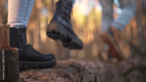 happy couple walking along a log. tourist holiday concept. the legs of a guy and a girl walk along a log in the spring forest  tourists walk through the lifestyle forest. tourist