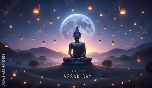 Vesak day background with scene of a serene meditative buddha statue at full moon night. photo
