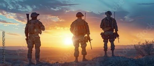 Stand of three fully equipped and armed soldiers in desert light on a hill. photo