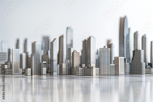 A collection of modern architectural models or miniature skyscrapers made from metal or acrylic  arranged in a grid pattern on a plain surface.