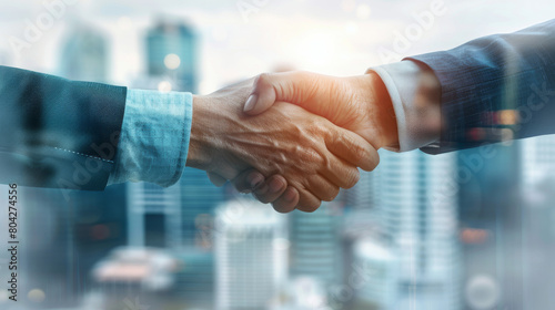 Two professionals engaging in a firm handshake against a blue sky background
