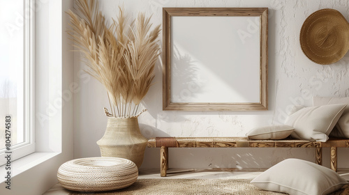 Mockup Frame in Nomadic Boho Interior Background with Rustic Decor, Bohemian Interior with Mockup Frame, Nomadic Boho Interior Decor Mockup, Bohemian Style Mockup Frame in Rustic Decor Setting, 3D Ren