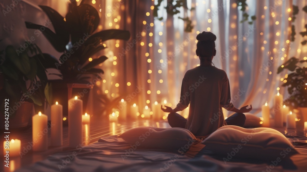 Woman sitting in yoga pose in a relaxing, cozy meditation room, surrounded by cushions, candles and warm lights. Woman sitting in yoga pose in a relaxing, cozy meditation room, surrounded by cushions, candles and warm lights.