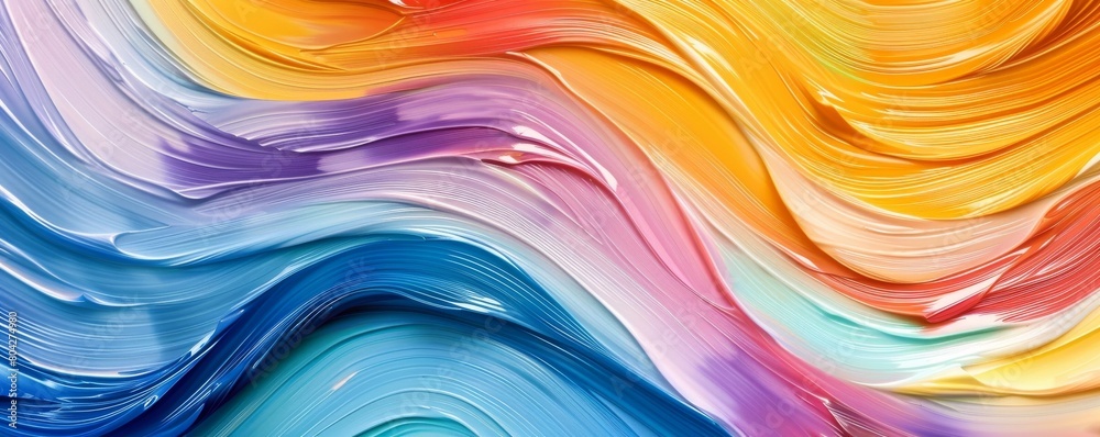 Abstract wave of brush strokes in rainbow hues, designed as a fluid, vibrant visual element