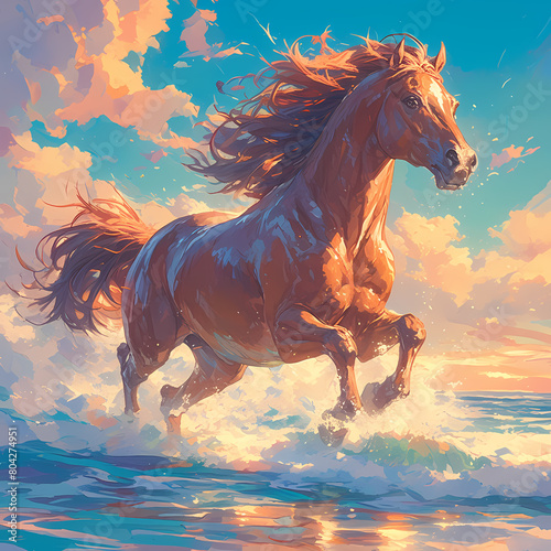 Dynamic Beachside Scene with a Gorgeous Chestnut Horse in Full Sprint