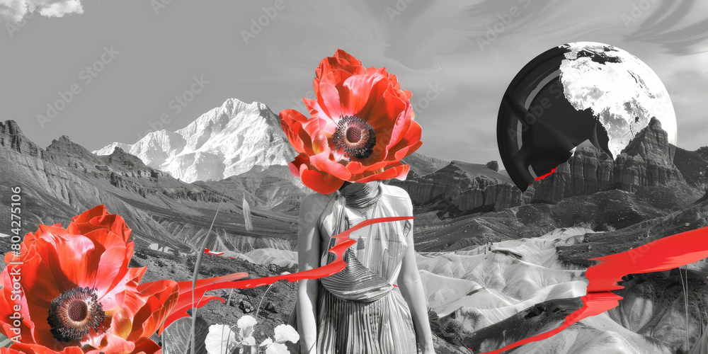 Surreal Landscape with Red Poppies, Female Figure, and Monochrome Mountains