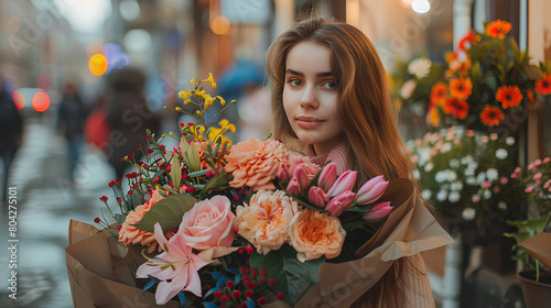 
a beautiful stylish girl walks around the city with a large bouquet of flowers