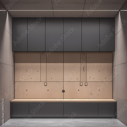 Modern Locker Room with Wooden Panels and Integrated Shelving Units photo