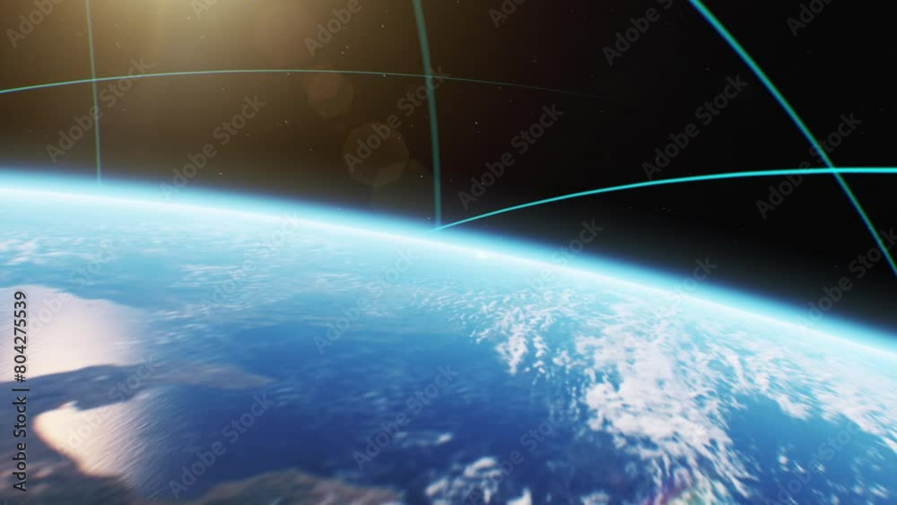 Digital Trails Flying Around the Earth in Space. Transport Lines Growing on Planet Orbit Beautiful 3d Animation. Zoom Out from Highly Detailed Earth to Universe. Technology, Business Concept 4k.