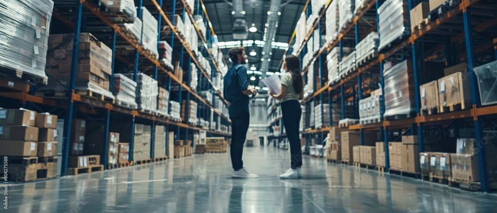Obraz premium There is a white paper discussion between two employees of the logistics center warehouse about the plan.