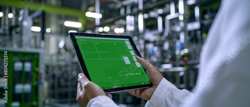 This footage shows a worker using a green mock-up screen on a tablet in an industrial environment. photo