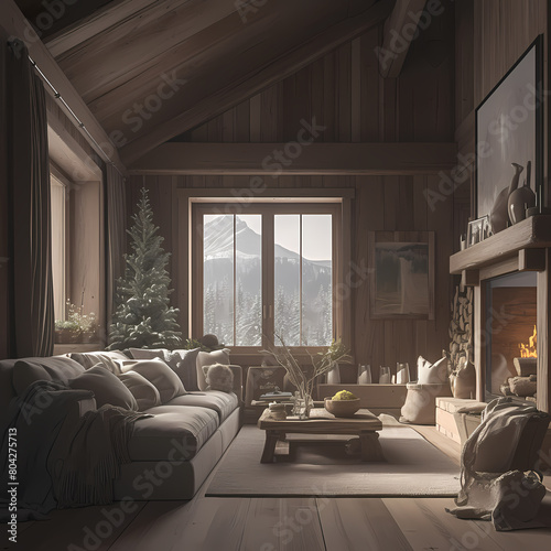 Escape to a serene mountain getaway with this warm and inviting chalet living room.