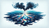 Abstract environmental art depicting trees with dark smoke, symbolizing pollution over a vibrant, polluted water reflection, suitable for Earth Day and environmental awareness campaigns