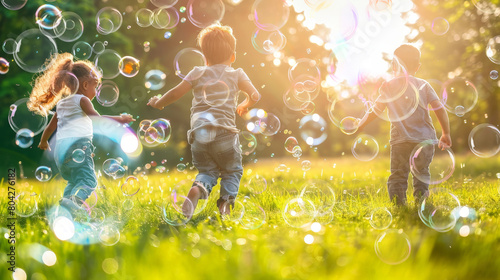 Fototapeta Naklejka Na Ścianę i Meble -  Children Playing With Bubbles in a Field